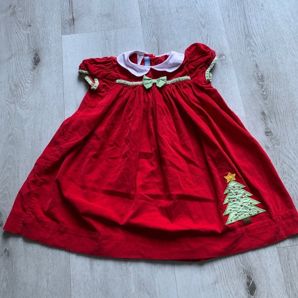 Monday's Child Vintage Red‎ Corduroy Smocked Christmas Tree Dress Girls Size 3